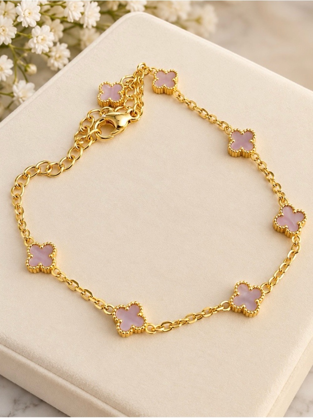 Gold Bracelet with Pink Clover Charm Accents
